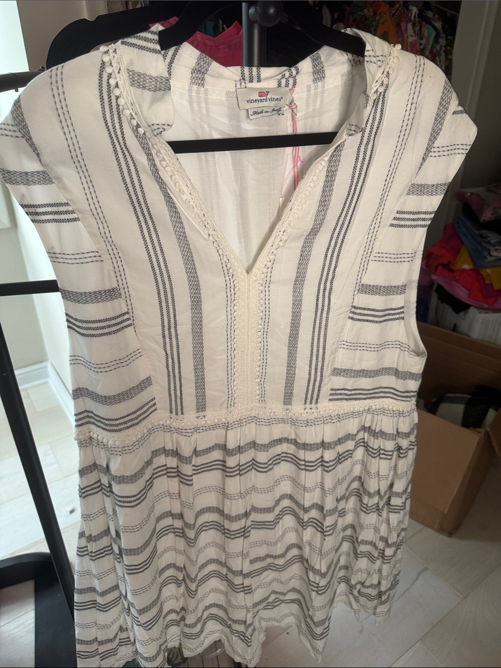 Vineyard Vines White Coverup with Navy Stripes and Crochet Trim
